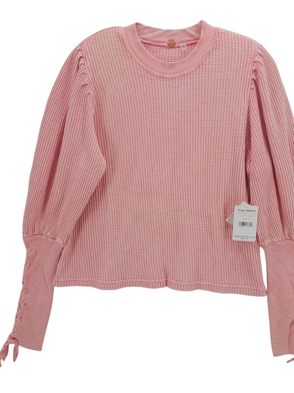 FREE PEOPLE Tasha Thermal Top Waffle Knit Pastel Pink Lace Sleeve XS -SMALL HOLE